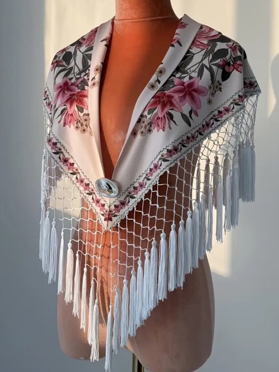 kristine’s closet Accessories - Floral Pink & White Fringe Triangle Scarf Wrap